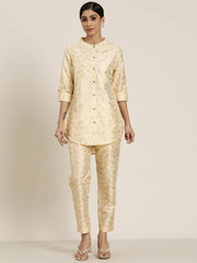 Women Beige Chanderi Gold Foil Shirt With Pencil Pants