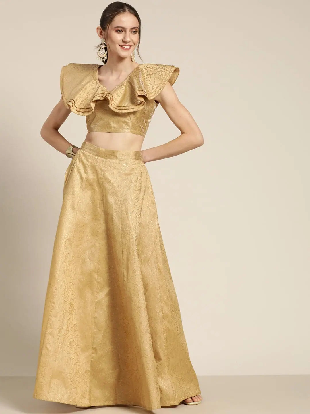 Gold Foil Chanderi Crop Top Anarkali Skirt | Women's Lehenga