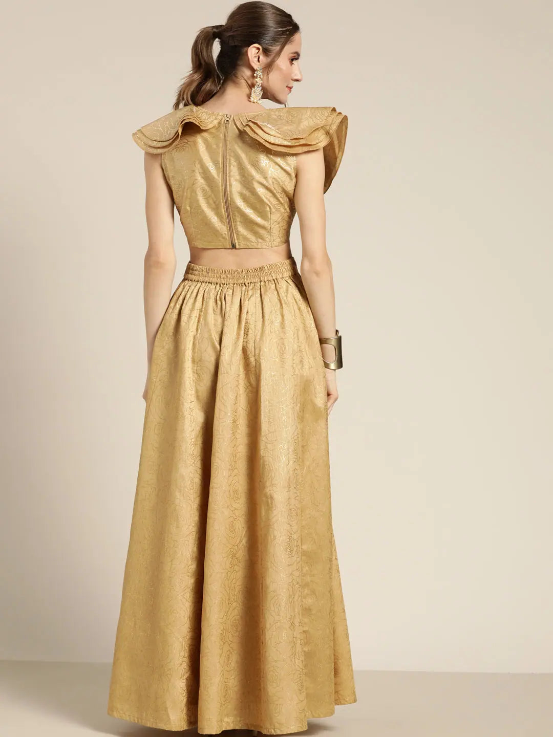 Gold Foil Chanderi Crop Top Anarkali Skirt | Women's Lehenga
