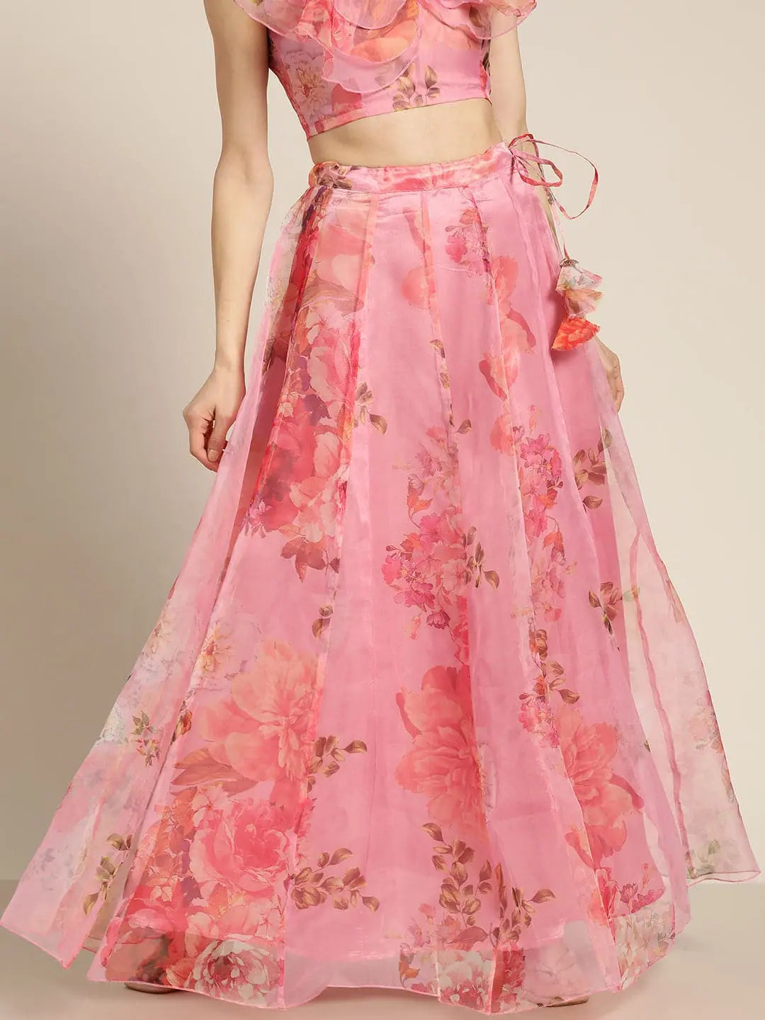 Pink Floral Organza Anarkali Skirt | Long Ethnic Skirts