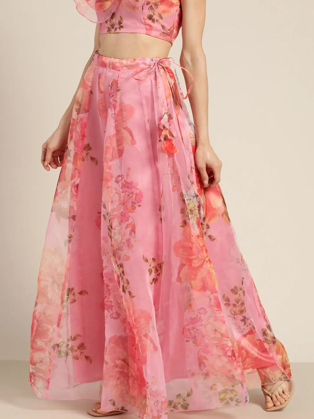 Pink Floral Organza Anarkali Skirt | Long Ethnic Skirts