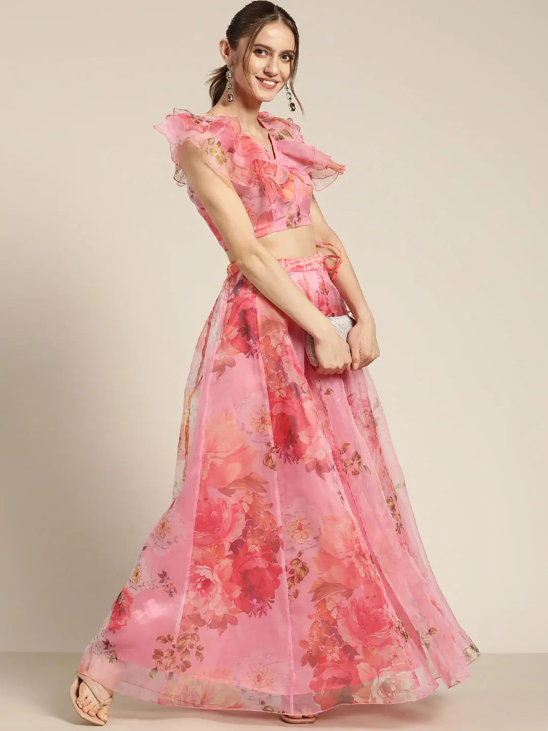 Pink Floral Organza Anarkali Skirt | Long Ethnic Skirts