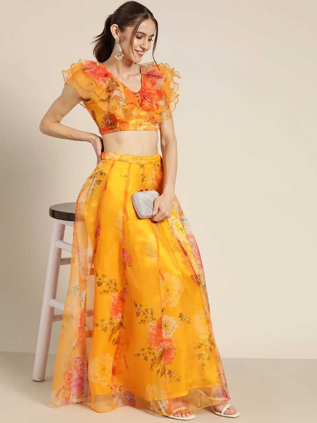 Yellow Floral Organza Anarkali Skirt | Traditional Skirts
