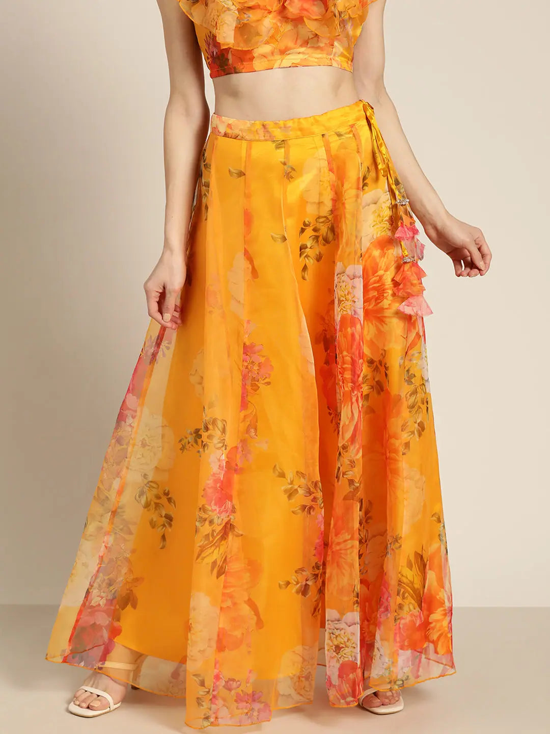 Yellow Floral Organza Anarkali Skirt | Traditional Skirts