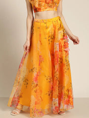 Women Yellow Organza Floral Anarkali Skirt