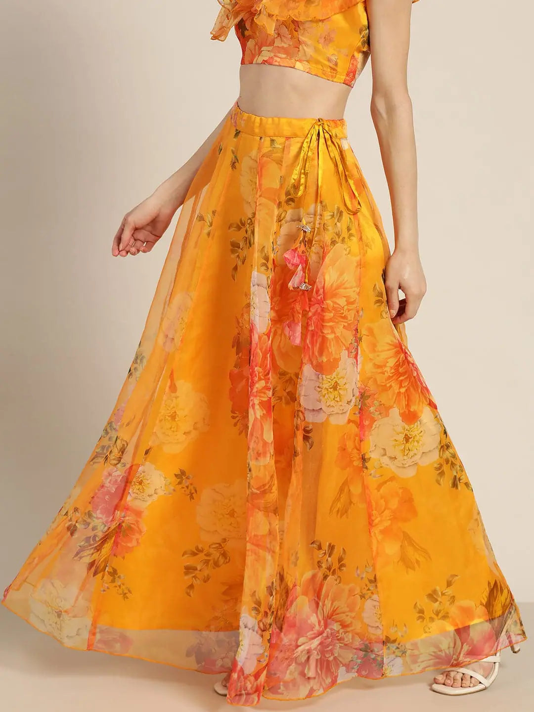 Yellow Floral Organza Anarkali Skirt | Traditional Skirts