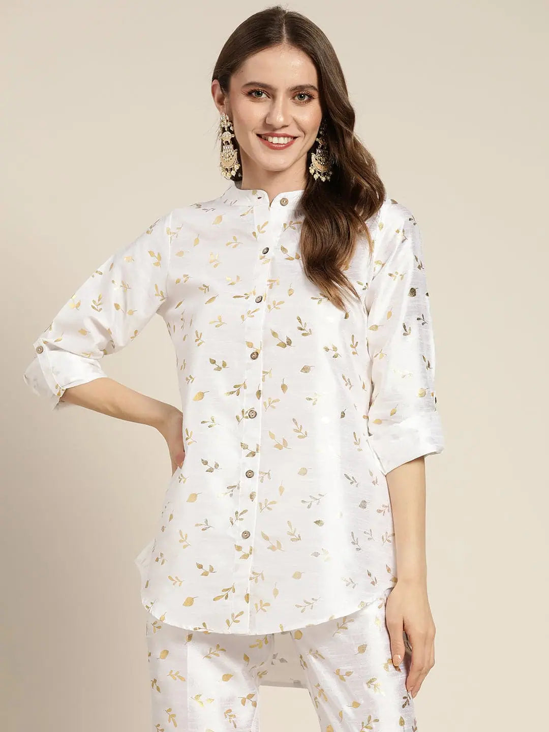 White Gold Foil High Low Shirt | Chanderi, Comfort Fit