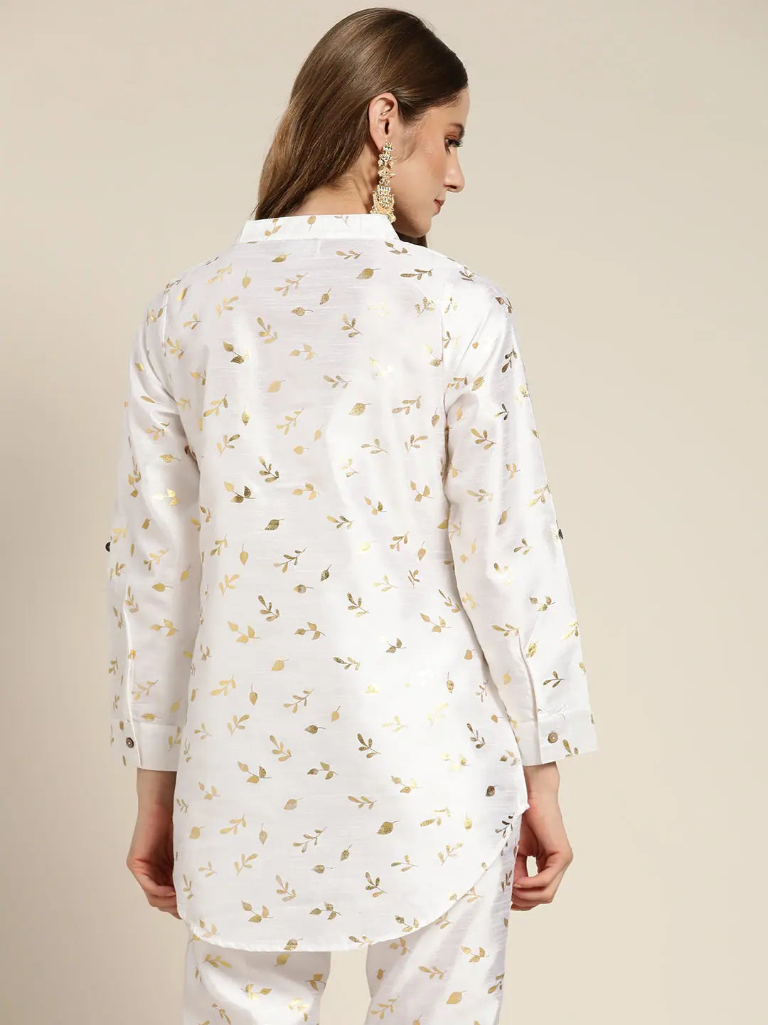 White Gold Foil High Low Shirt | Chanderi, Comfort Fit
