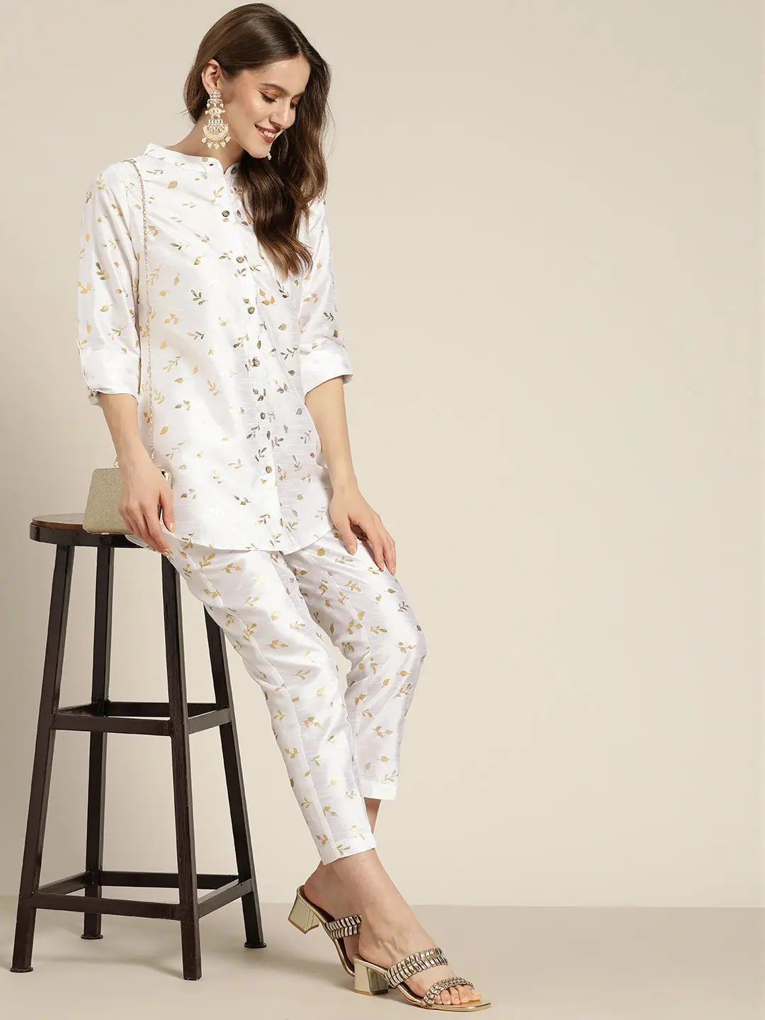 White Gold Foil High Low Shirt | Chanderi, Comfort Fit