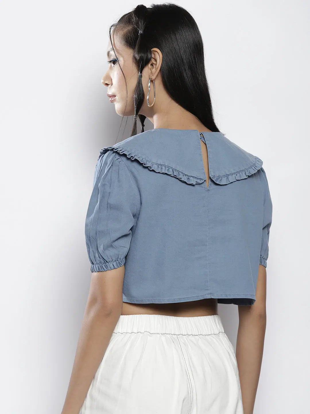 Blue Frill Detail Crop Top | Broad Collar, Comfort Fit