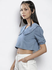 Women Blue Frill Detail Broad Collar Crop Tencel Top