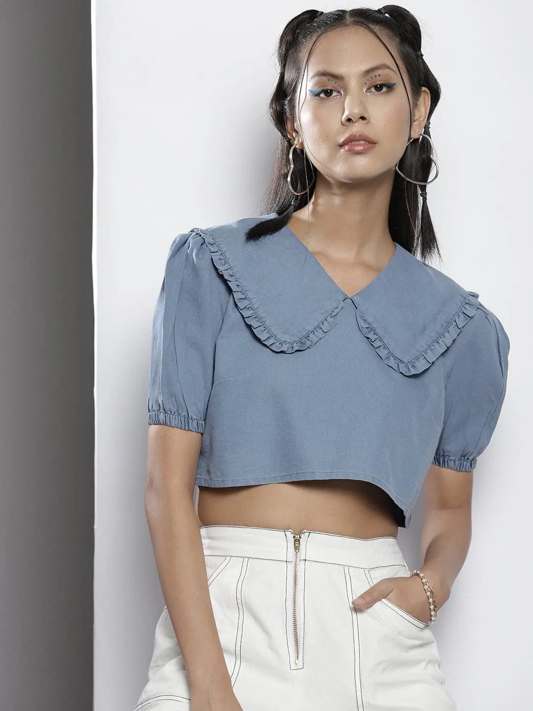 Blue Frill Detail Crop Top | Broad Collar, Comfort Fit