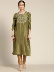 Women Olive Mirror Embroidered Straight Kurta