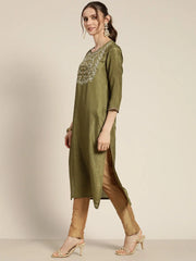 Women Olive Mirror Embroidered Straight Kurta