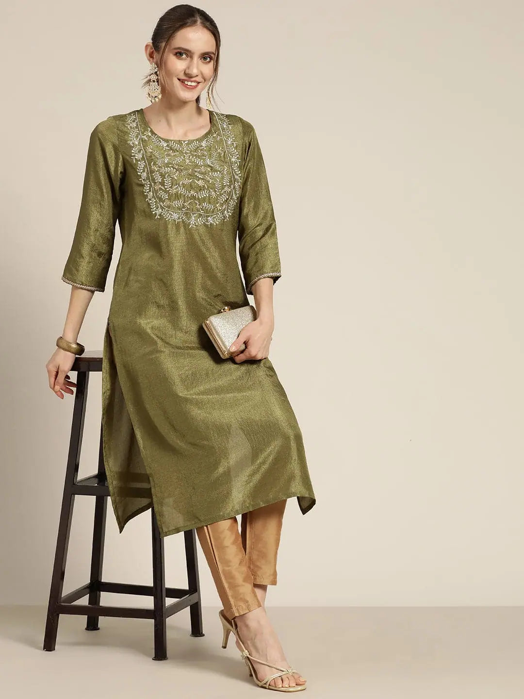 Olive Mirror Embroidered Kurtas for Women - Indian Kurta Design