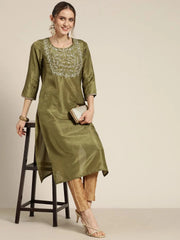 Women Olive Mirror Embroidered Straight Kurta