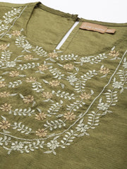 Women Olive Mirror Embroidered Straight Kurta