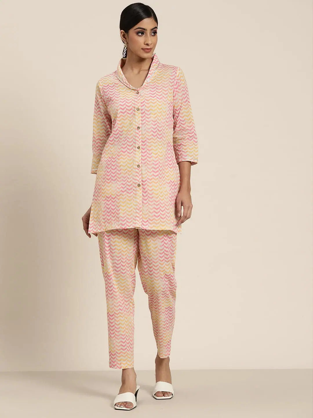 Pink Chevron Cotton Kurta Set | Women's Indian Kurta Sets