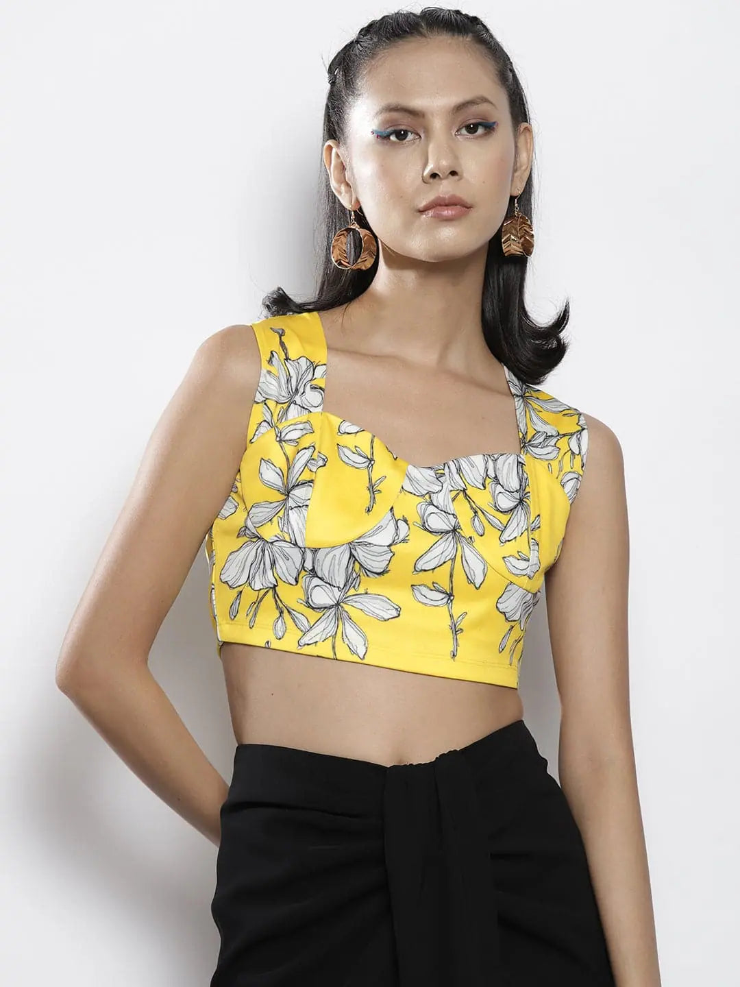 Yellow Floral Crop Top | Scuba Sweetheart Neck, Slim Fit