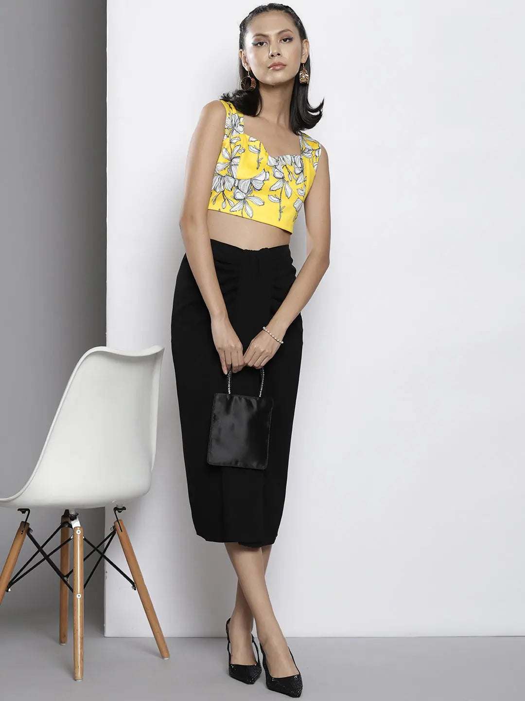 Yellow Floral Crop Top | Scuba Sweetheart Neck, Slim Fit
