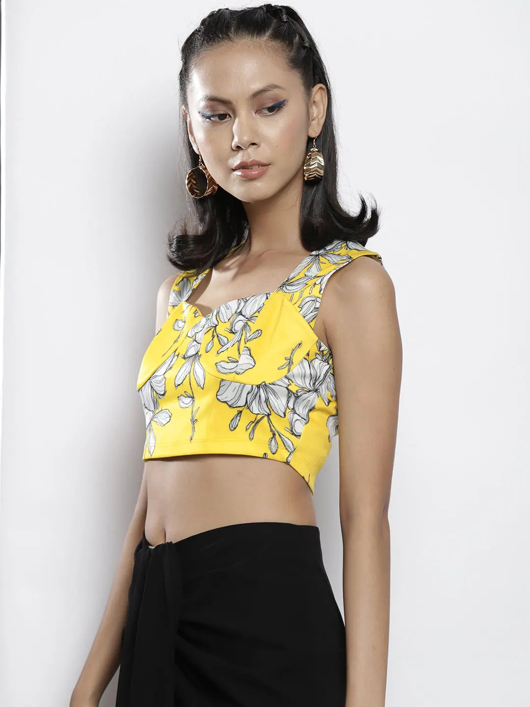 Yellow Floral Crop Top | Scuba Sweetheart Neck, Slim Fit
