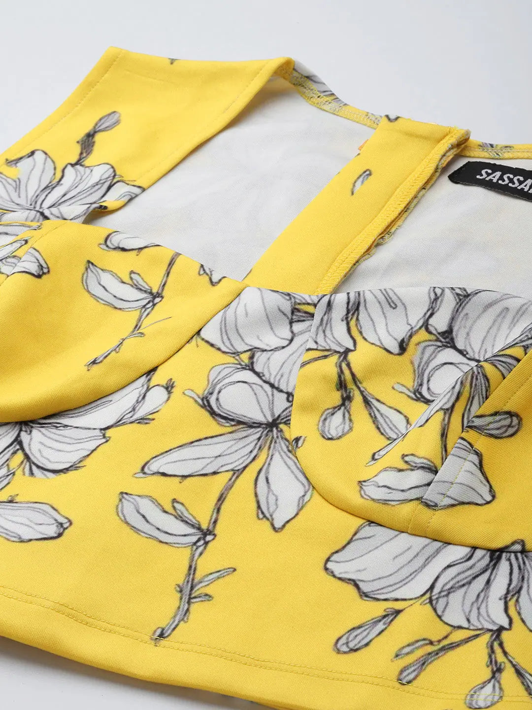 Yellow Floral Crop Top | Scuba Sweetheart Neck, Slim Fit