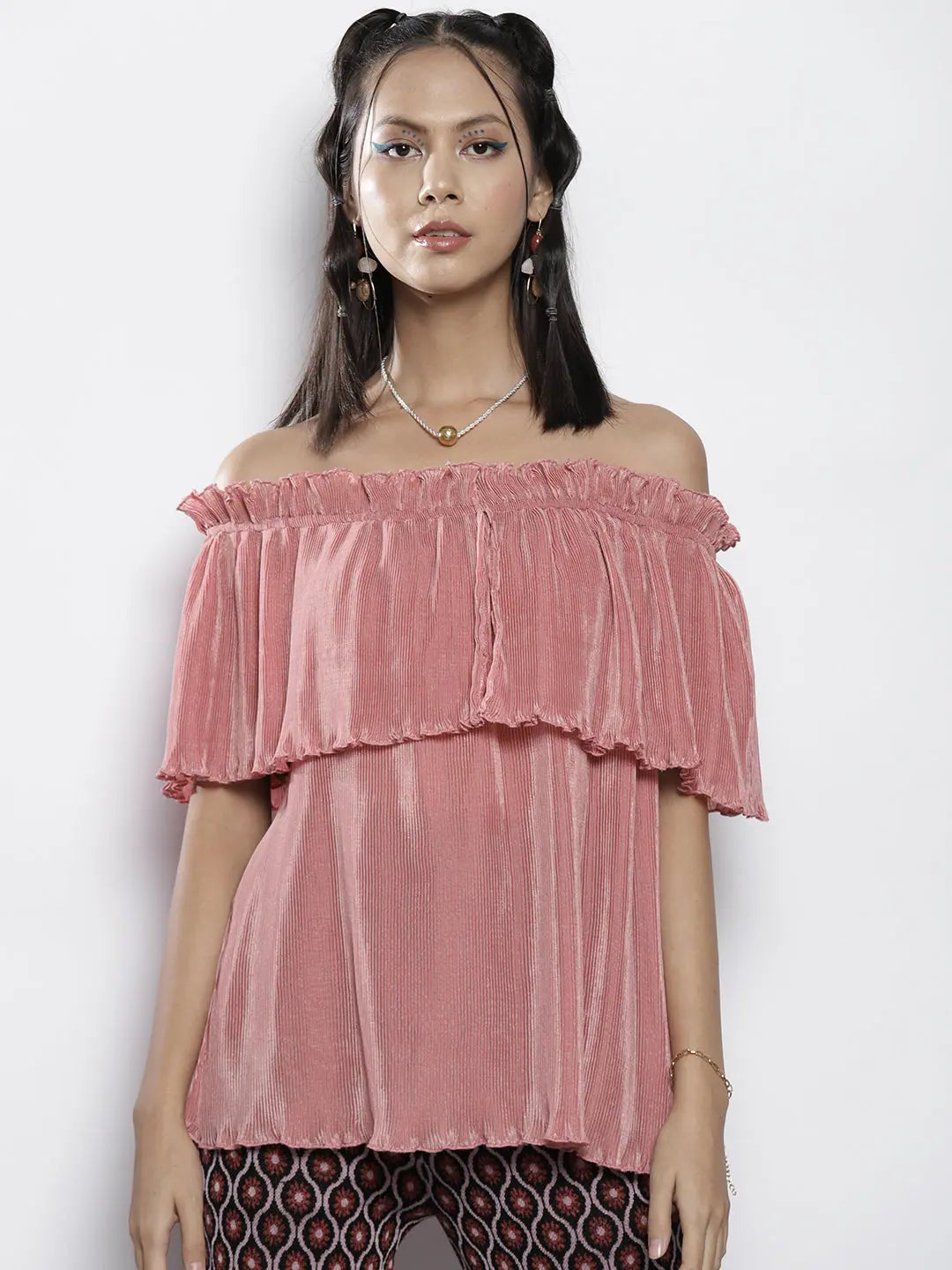 Pink Pleated Bardot Top - Western Outfits for Women
