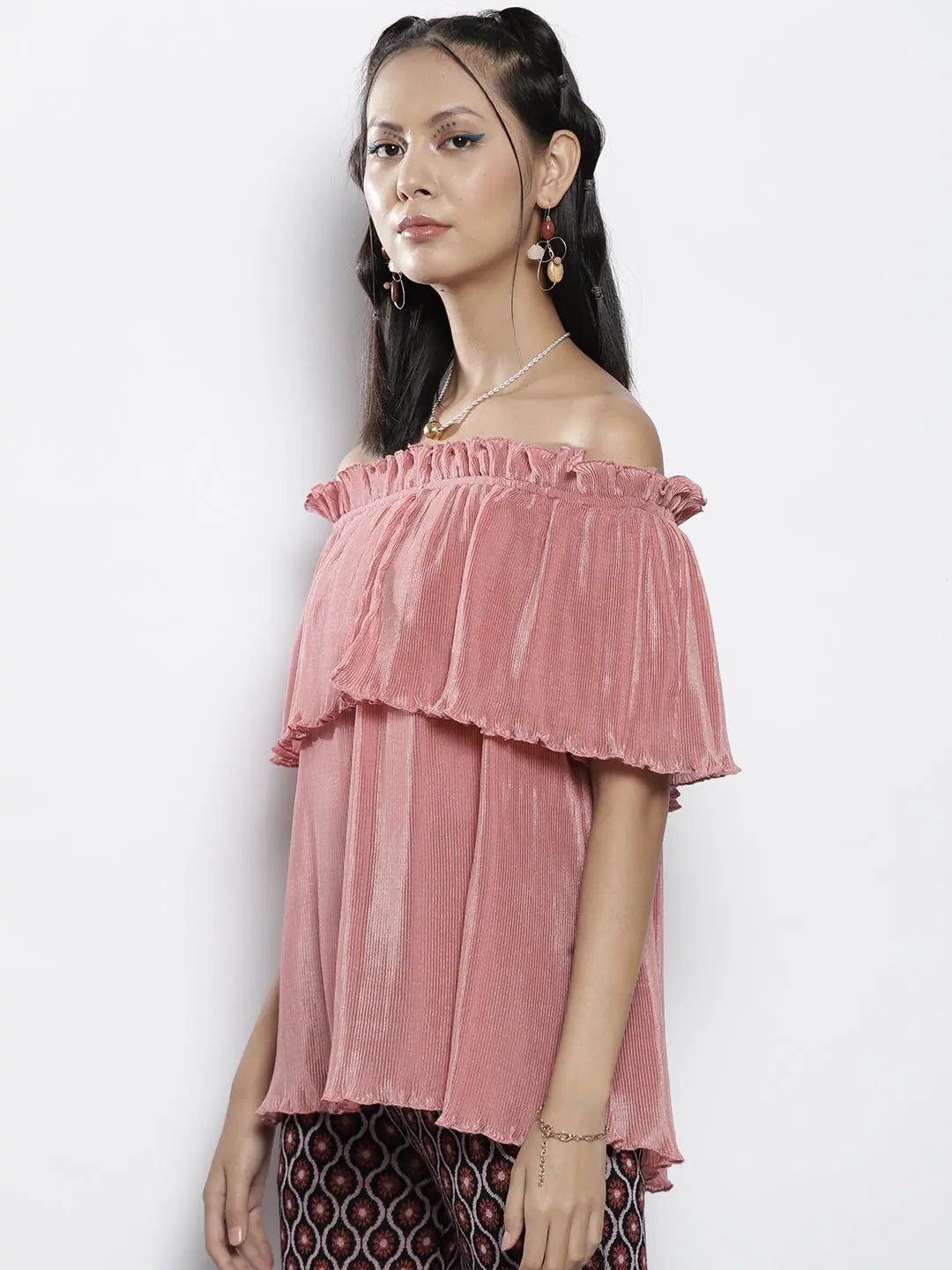 Pink Pleated Bardot Top - Western Outfits for Women
