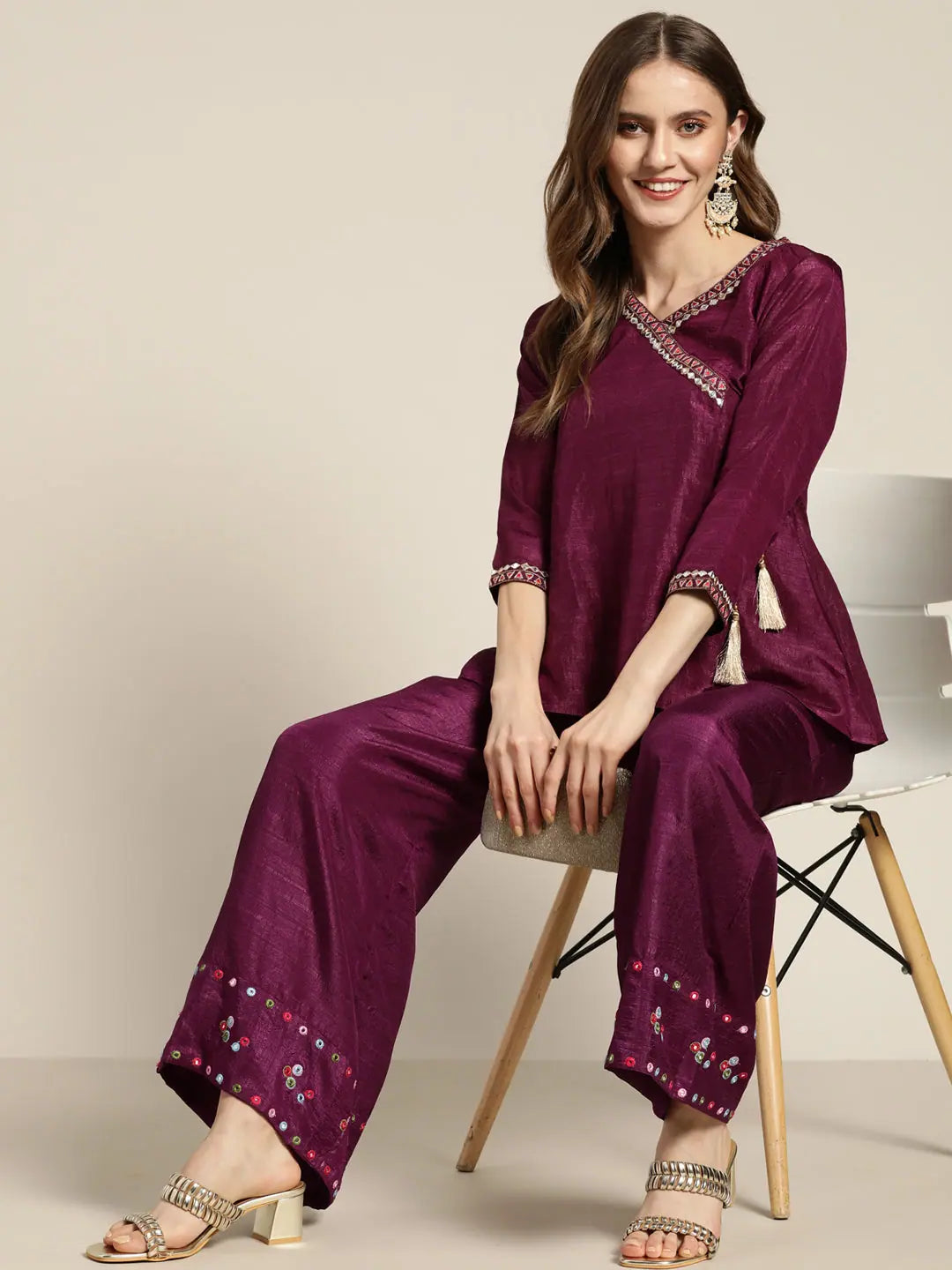 Burgundy Embroidered Palazzo Pants for Women | Designer Style
