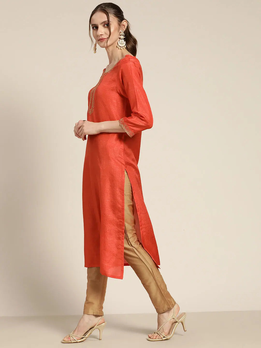 Orange Mirror Embroidered Indian Kurta for Women - Trendy Kurtis