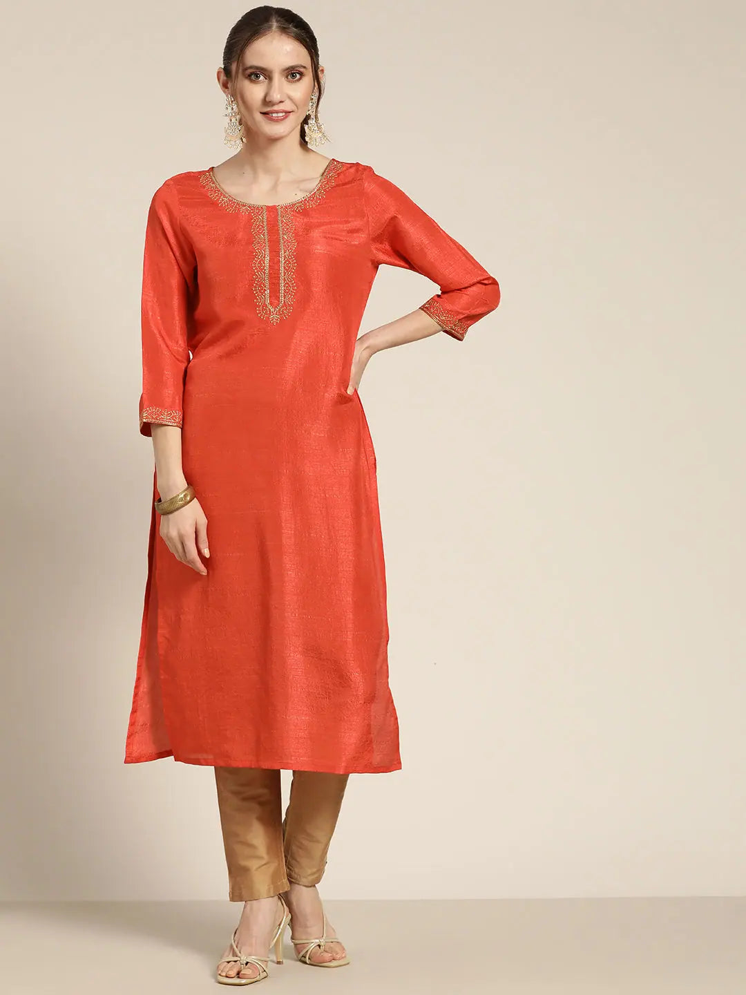 Orange Mirror Embroidered Indian Kurta for Women - Trendy Kurtis