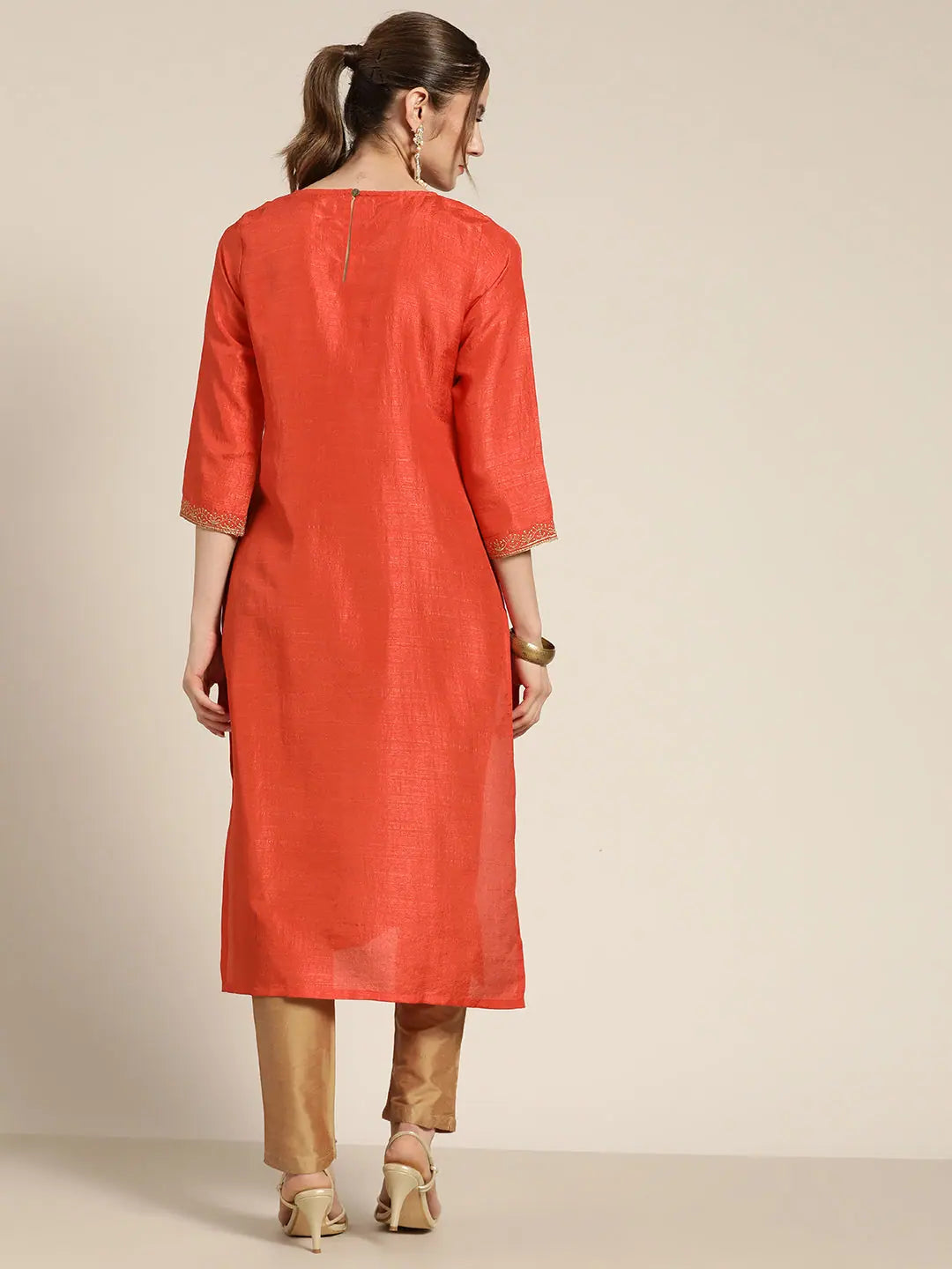 Orange Mirror Embroidered Indian Kurta for Women - Trendy Kurtis