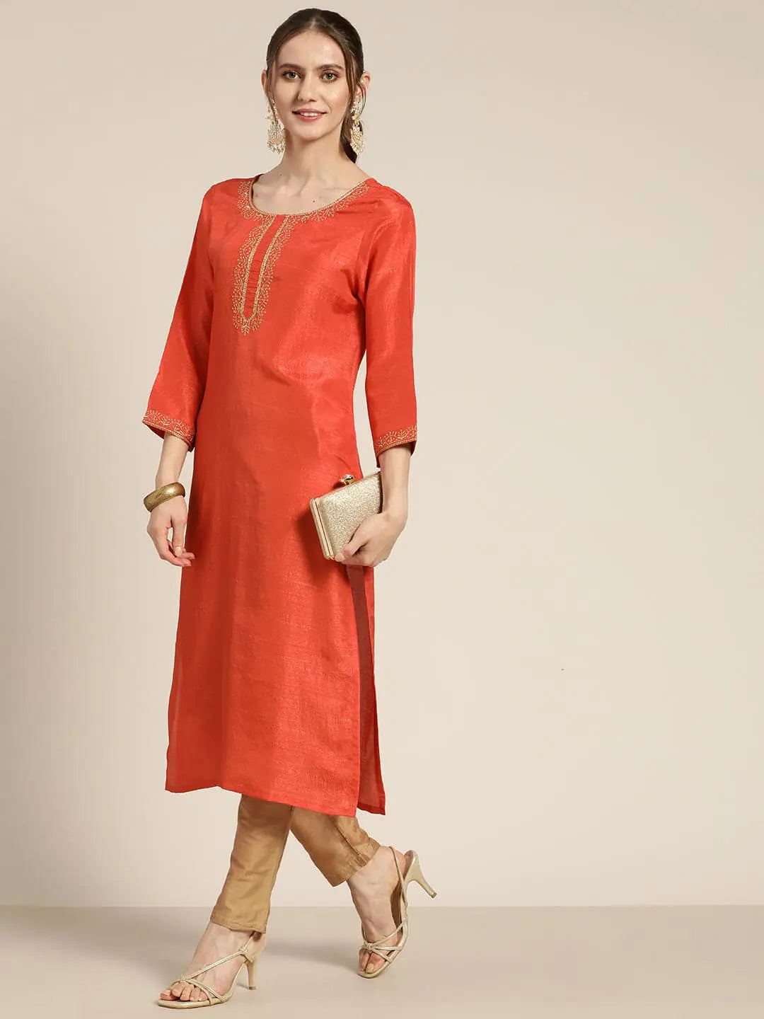 Orange Mirror Embroidered Indian Kurta for Women - Trendy Kurtis