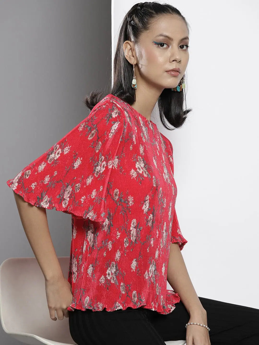 Red Floral Print Women's Top | Chinon A-Line Comfort Fit