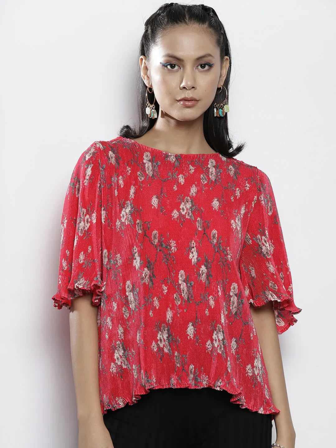 Red Floral Print Women's Top | Chinon A-Line Comfort Fit