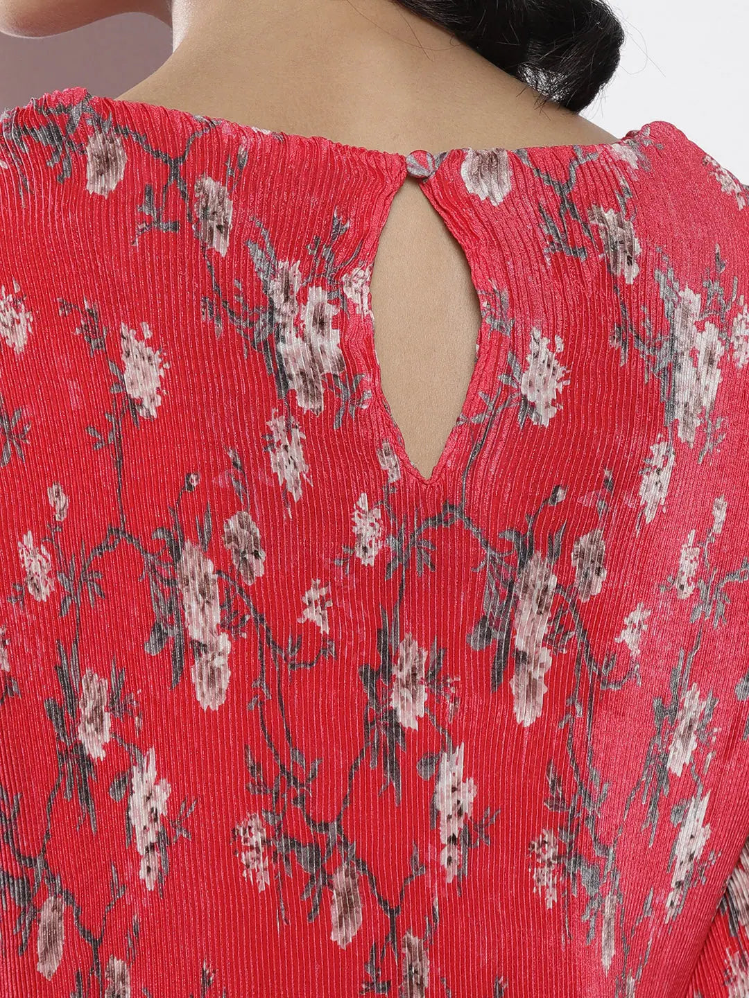 Red Floral Print Women's Top | Chinon A-Line Comfort Fit