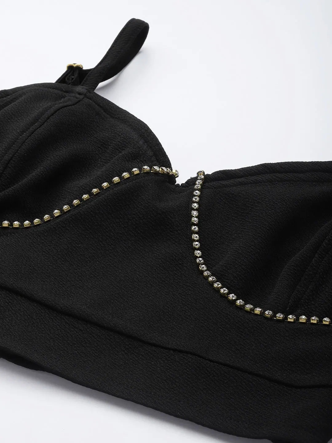 Black Bustier Crop Top - Women's Diamonte Chain Party Top