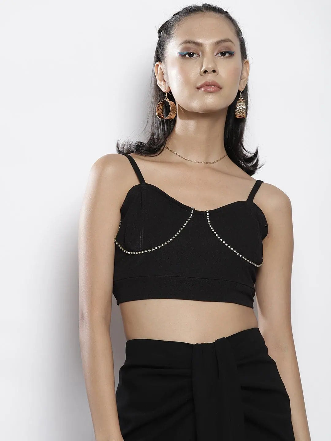 Black Bustier Crop Top - Women's Diamonte Chain Party Top