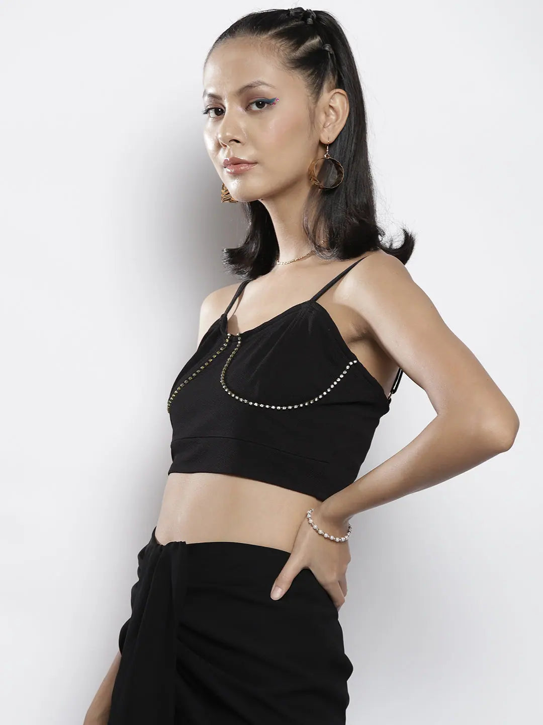 Black Bustier Crop Top - Women's Diamonte Chain Party Top