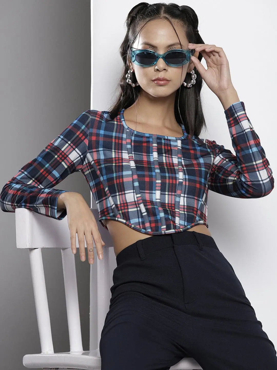 Blue Check Knit Corset Top - Women's Slim Fit Crop Top