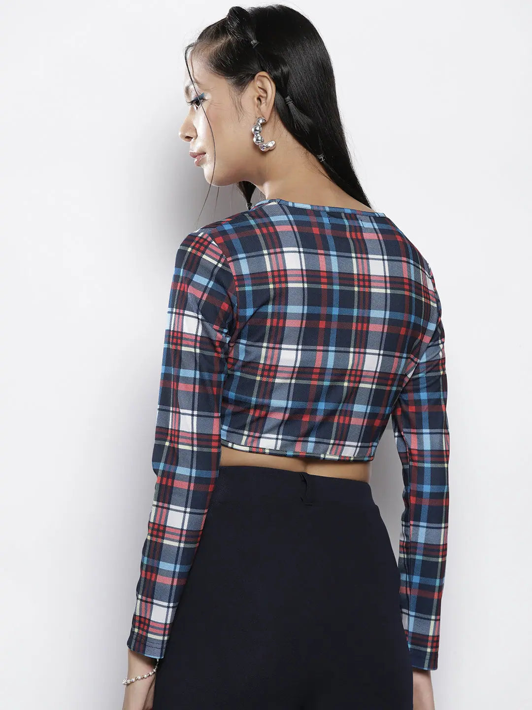 Blue Check Knit Corset Top - Women's Slim Fit Crop Top