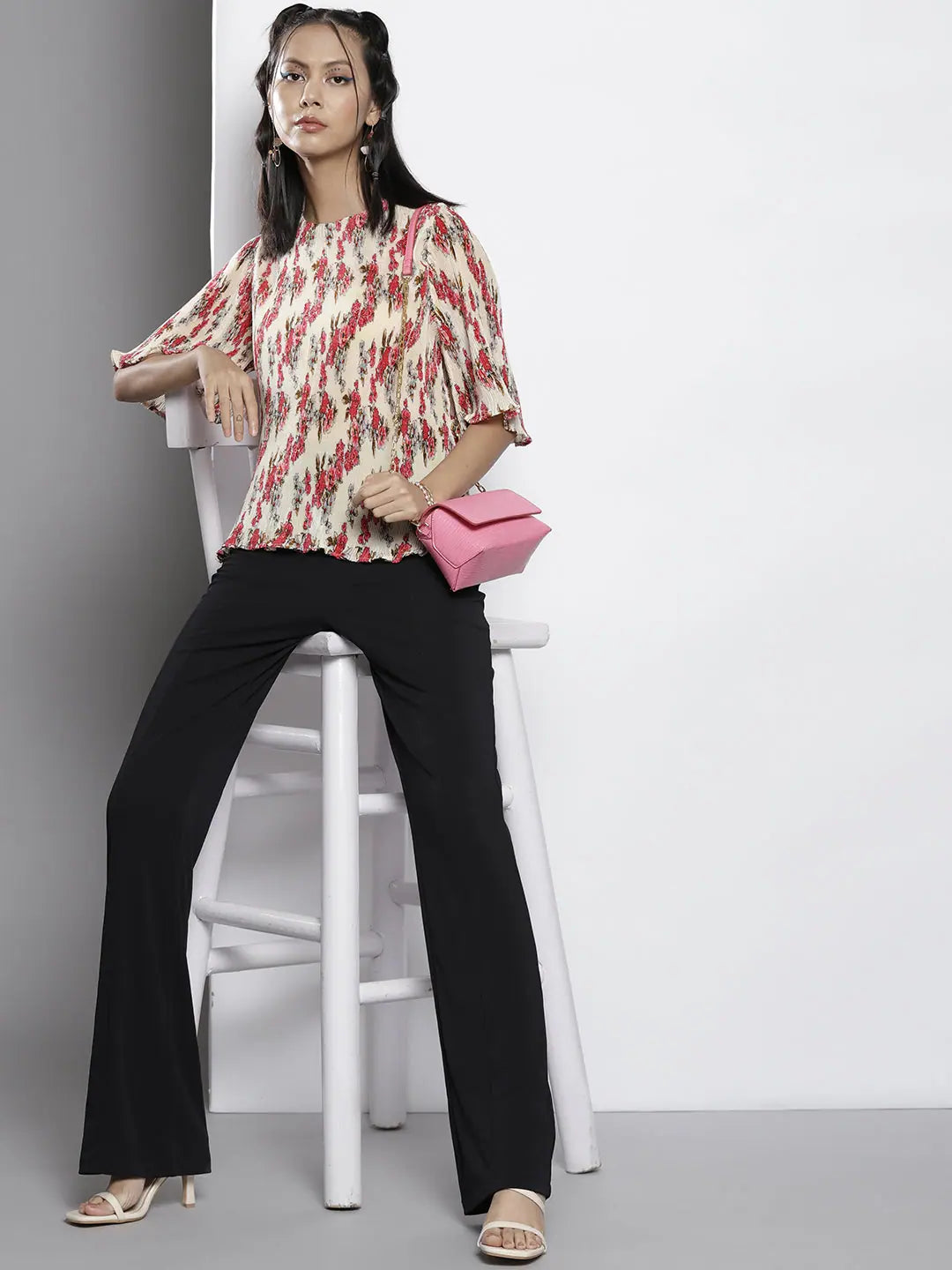 Beige Floral Print A-Line Top - Women's Pleated Chinon Top