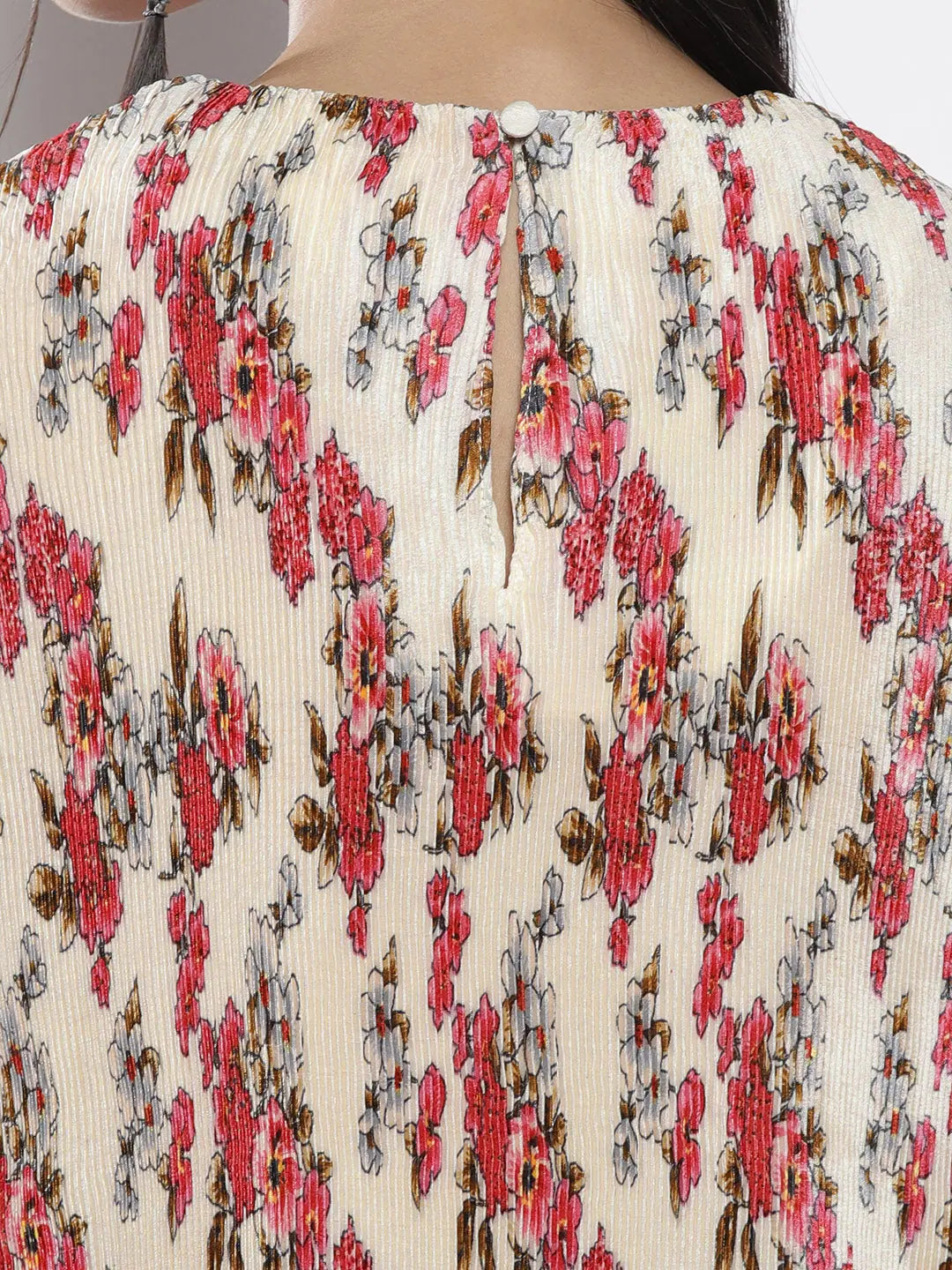 Beige Floral Print A-Line Top - Women's Pleated Chinon Top