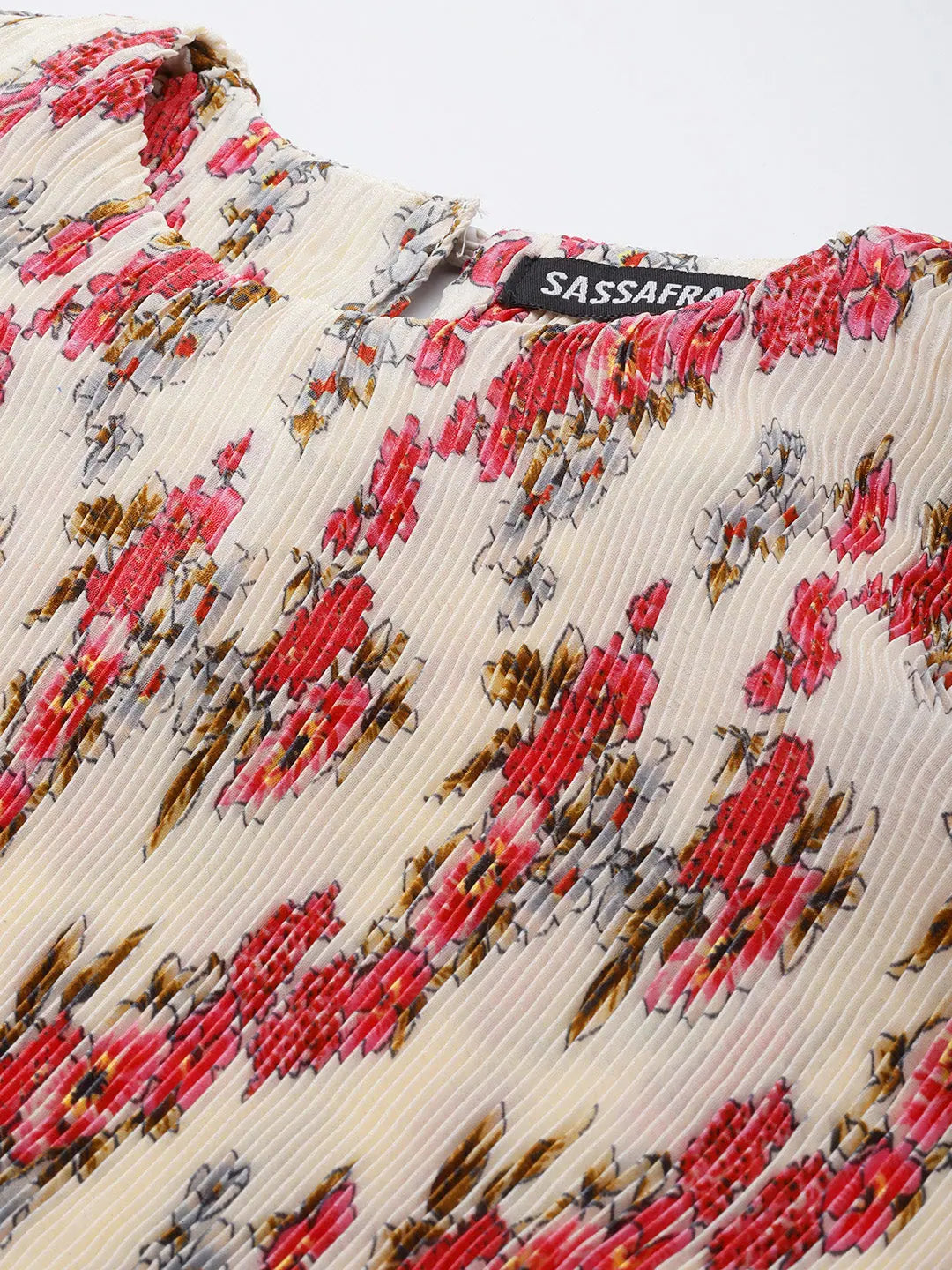 Beige Floral Print A-Line Top - Women's Pleated Chinon Top