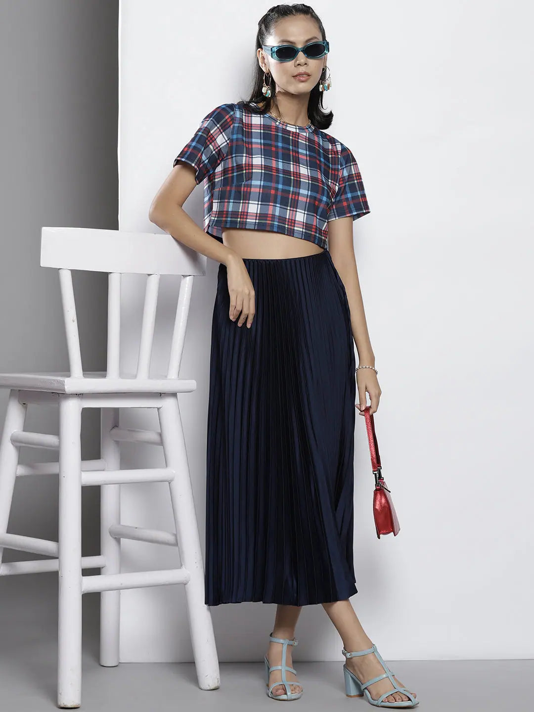 Blue Check Knit Crop Top - Women's Printed Polyester Top