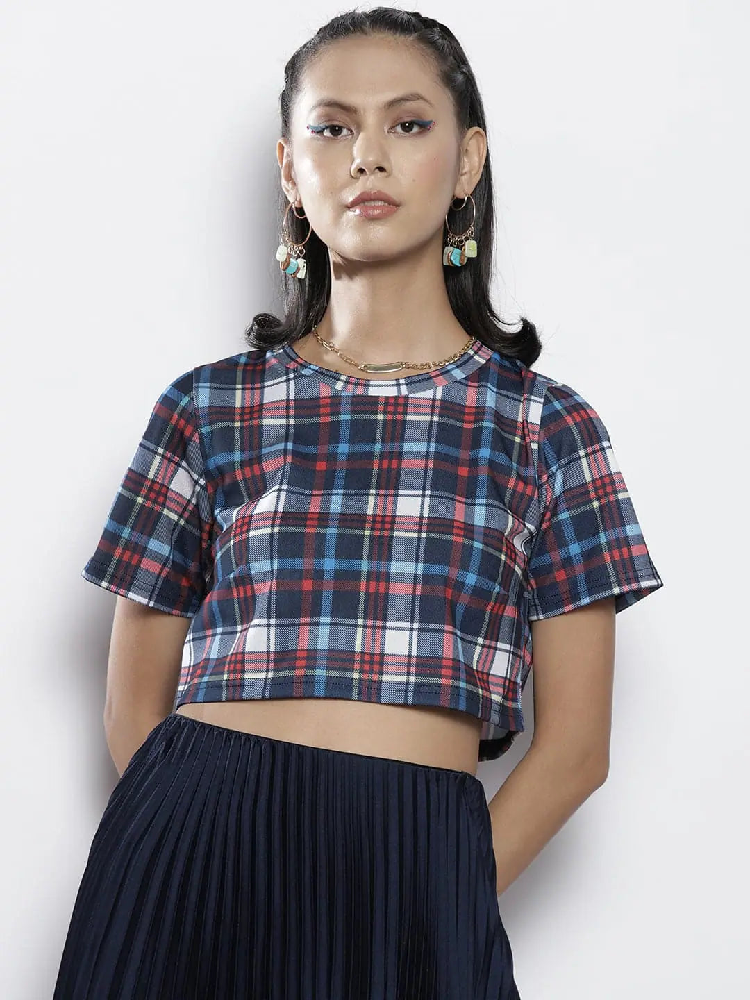 Blue Check Knit Crop Top - Women's Printed Polyester Top