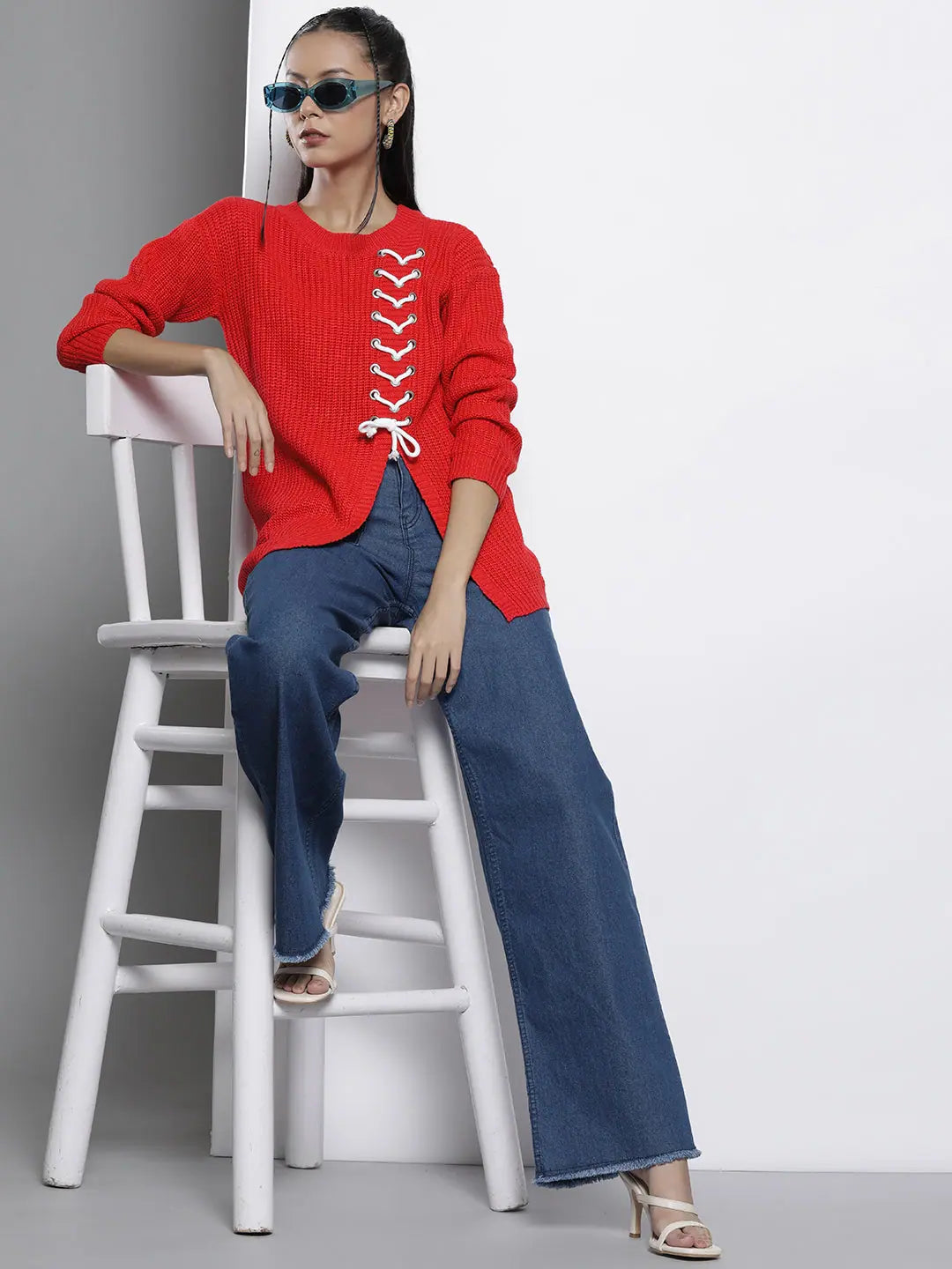 Red Knitted Women's Sweater | Round Neck, Full Sleeves