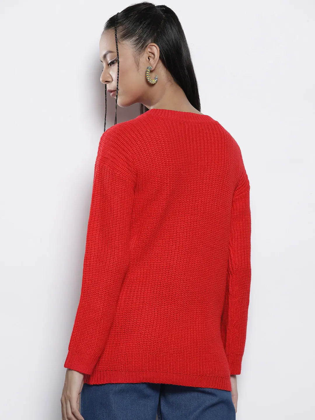 Red Knitted Women's Sweater | Round Neck, Full Sleeves