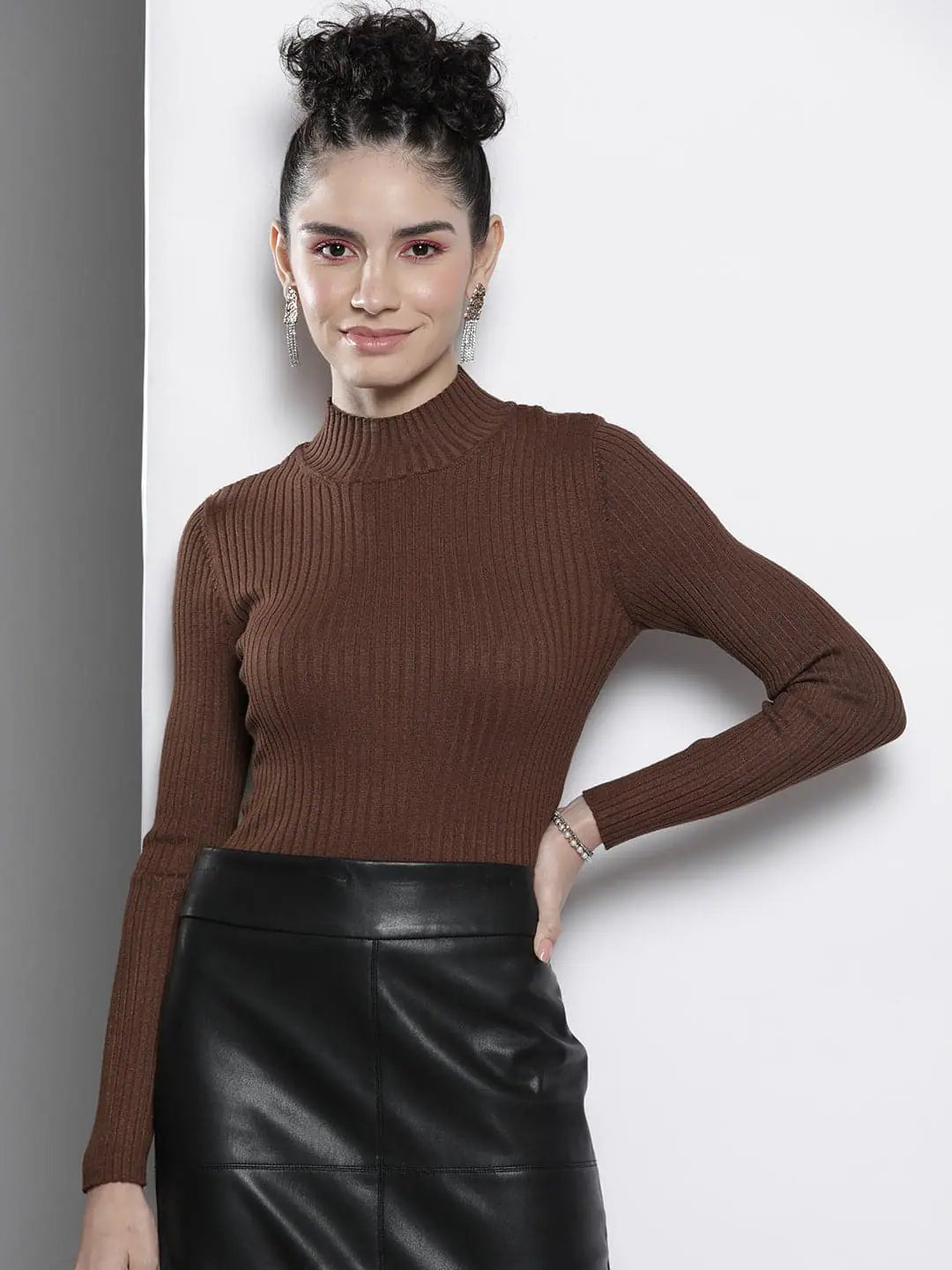 Brown Ribbed High Neck Sweater | Women's Western Outfits
