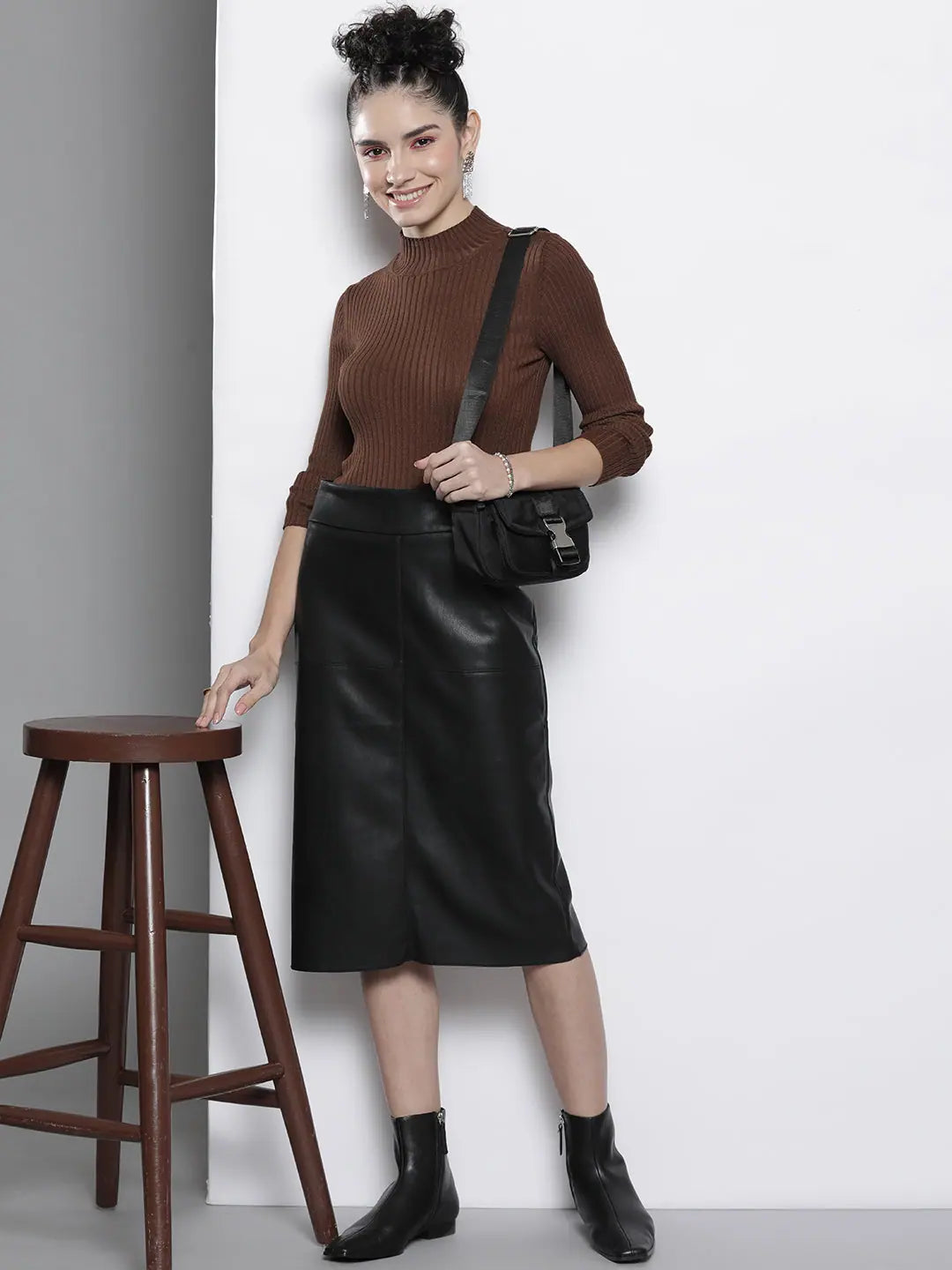 Brown Ribbed High Neck Sweater | Women's Western Outfits